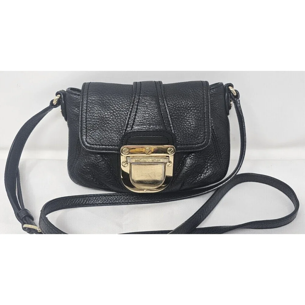 Michael Kors Charlton Small Crossbody Bag Black Leather Gold Buckle Lock VGUC